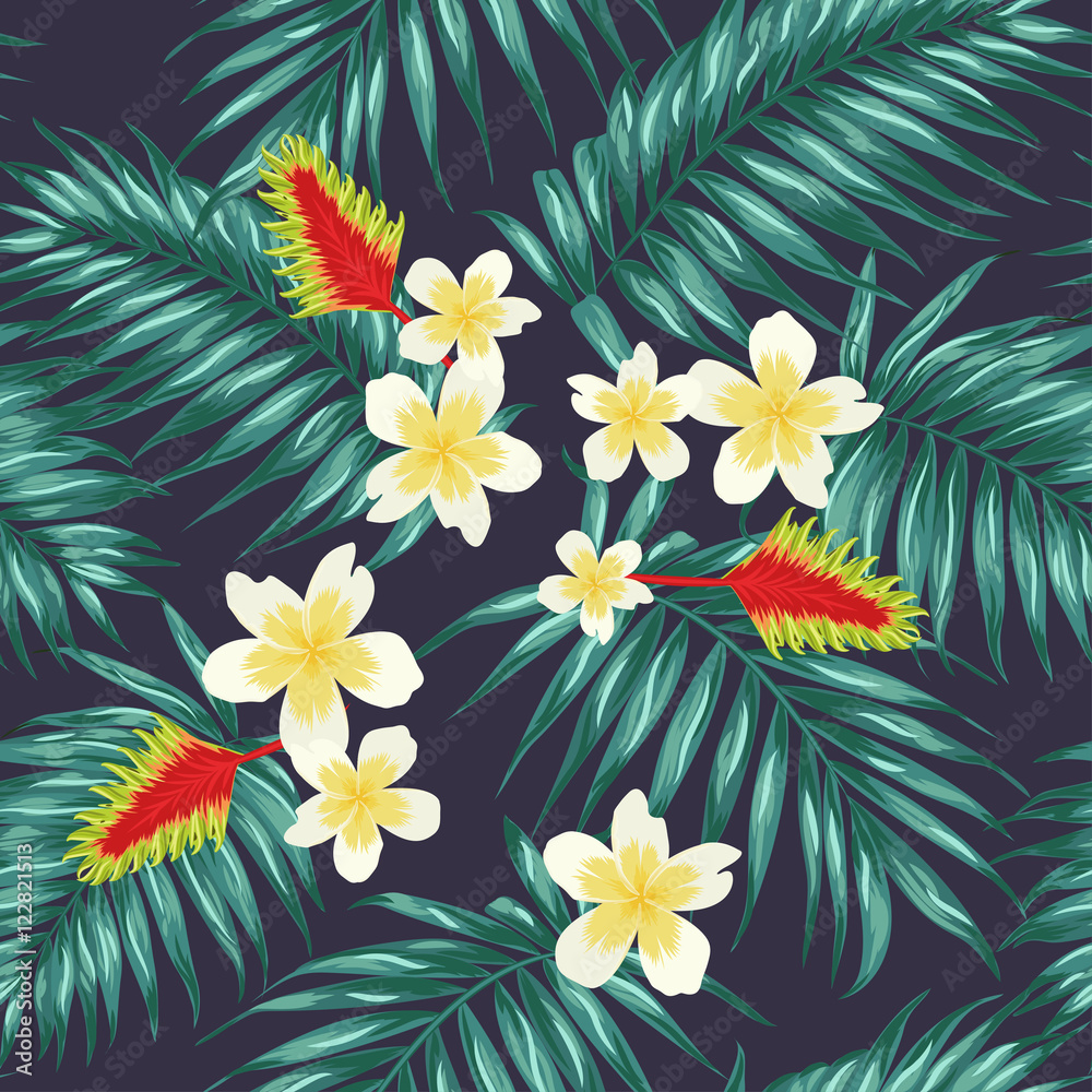 Tropical seamless pattern with palm leaves and exotic flowers. Pale green on dark blue background.