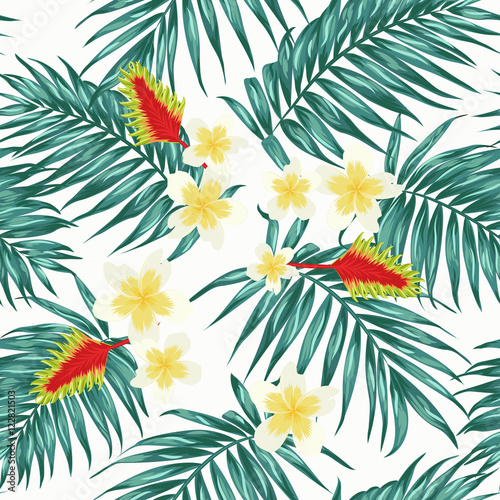 Tropical seamless pattern with palm leaves and exotic flowers. Pale blue green on white background.