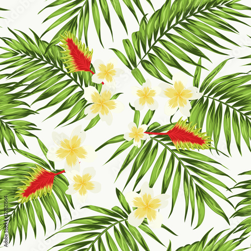 Fototapeta Naklejka Na Ścianę i Meble -  Tropical seamless pattern with palm leaves and exotic flowers. Bright green, white, yellow and red on white background.
