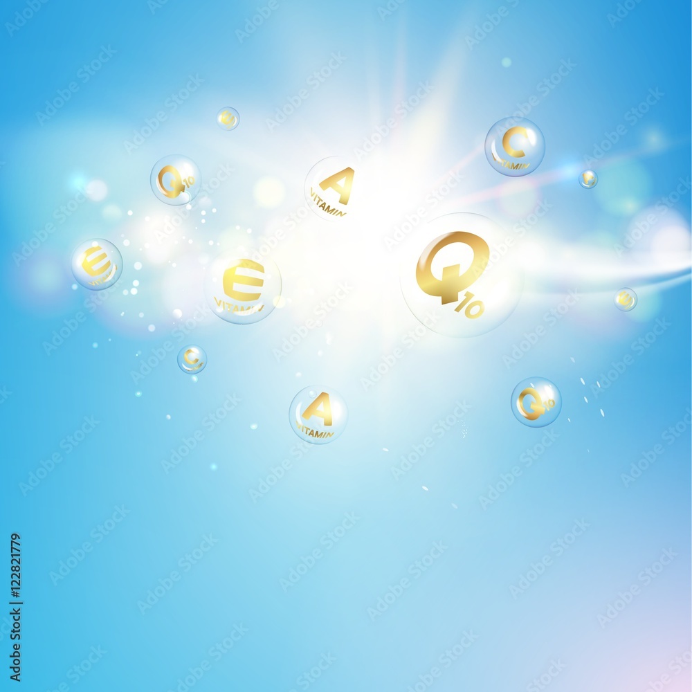 Fototapeta premium Skin care concept. UV Protection and whitening cream. Golden bubbles with vitamin letters over blue sky background. Vector illustration.