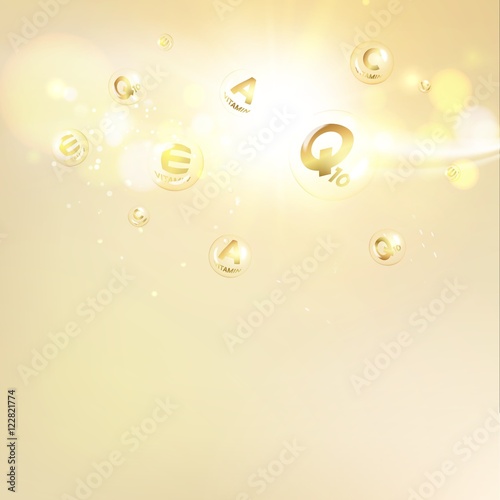 Skin care concept. UV Protection and whitening cream. Golden bubbles with letters over shining background. Vector illustration.