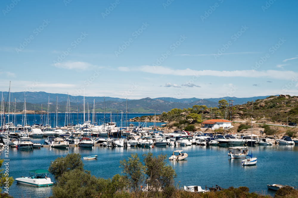 View of Porto Carras marina, Sithonia, Chalkidiki peninsula in Greece