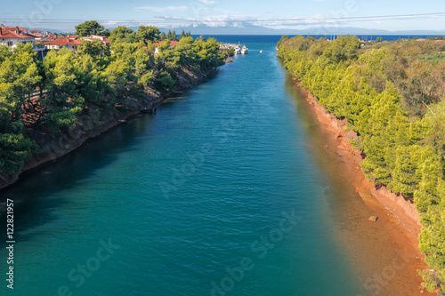 Aerial view of Nea Potidea sea channel, turquoise water, Halkidiki, Greece photo