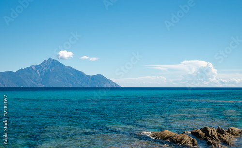 View of mountain Athos, Sithonia, Chalkidiki peninsula in Greece