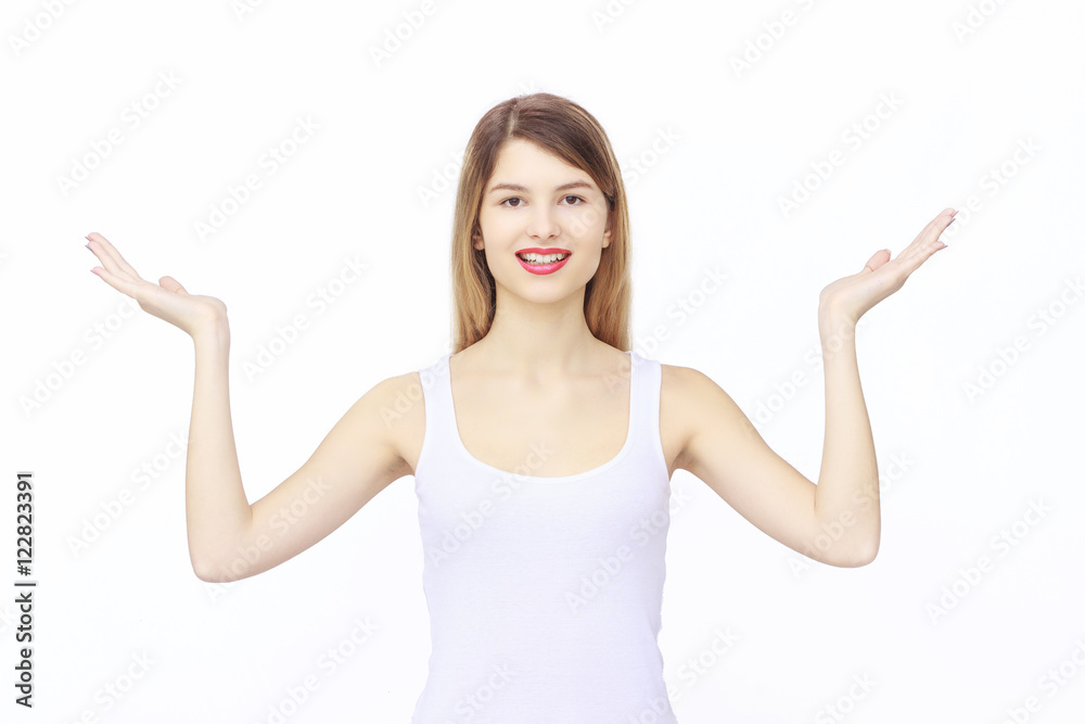 woman showing something on the palms of her hands woman showing something on the palms of her hands