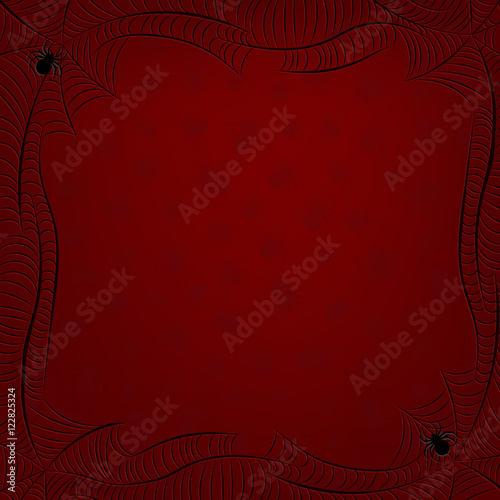 Spiderweb frame with spiders background in Halloween blood red colors. Vector illustration.