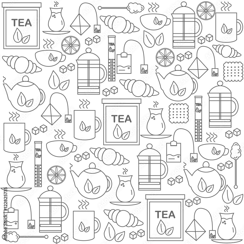 Background with tea icons. The pattern for your product or company. Vector illustration. Background with tea icons. The pattern for your product or company. Vector illustration.