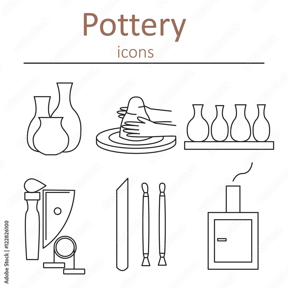 Pottery icons. Tools and pottery. The ancient craft. Vector