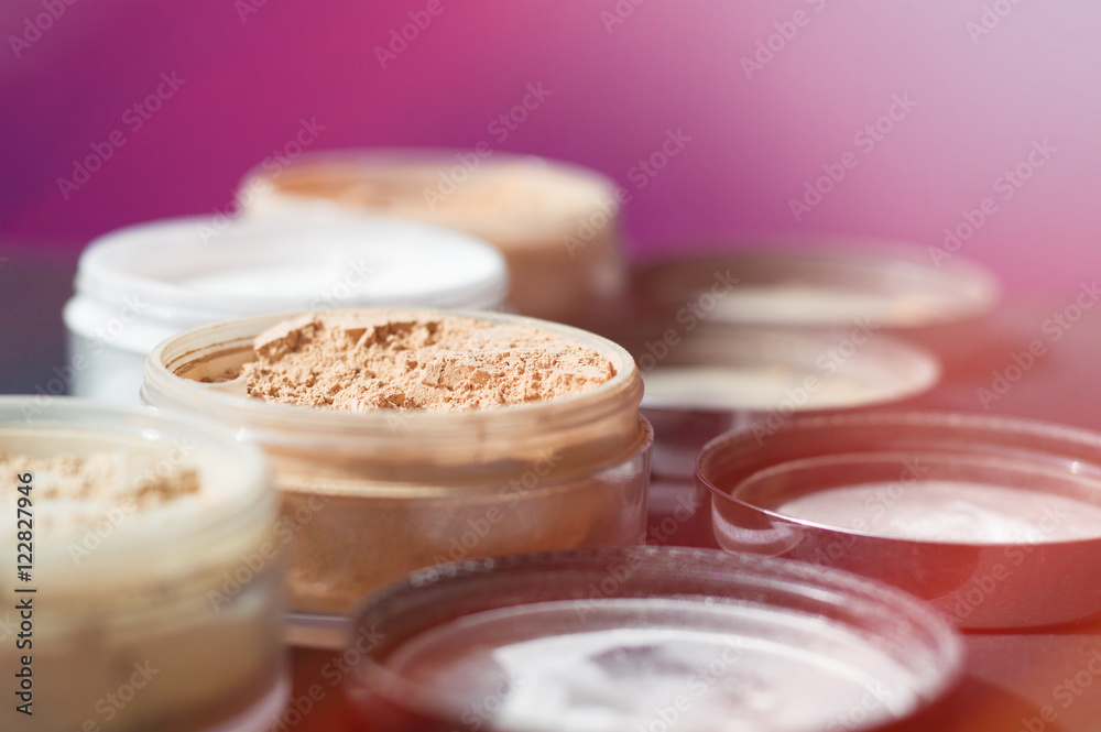 Background with mineral make up powder. Products for make up foundation and matt skin Background with mineral make up powder. Products for make up foundation and matt skin