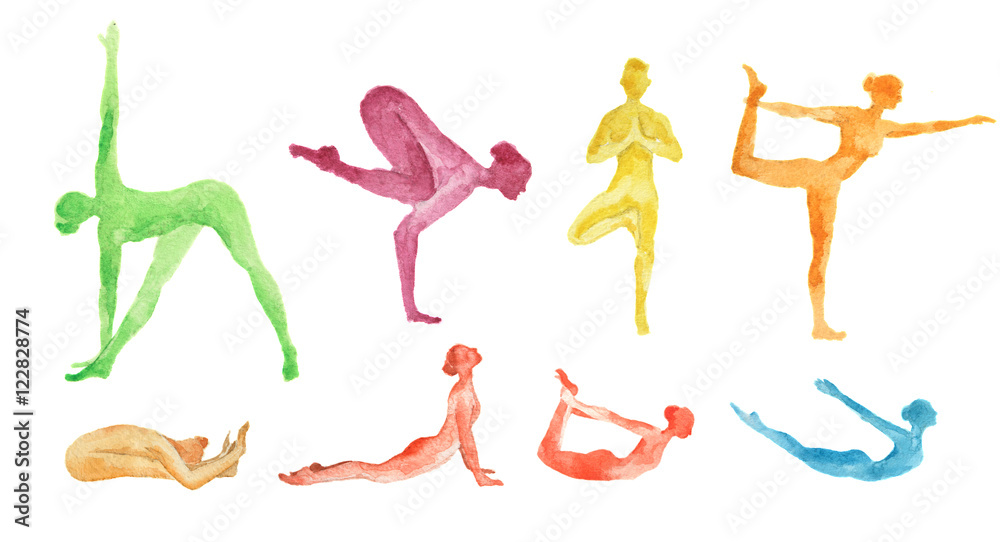 Watercolor yoga set on white background. Yoga poses, asana. Healthy lifestyle and relaxation. Watercolor yoga set on white background. Yoga poses, asana. Healthy lifestyle and relaxation.