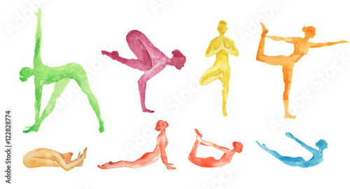 Watercolor yoga set on white background. Yoga poses  asana. Healthy lifestyle and relaxation.