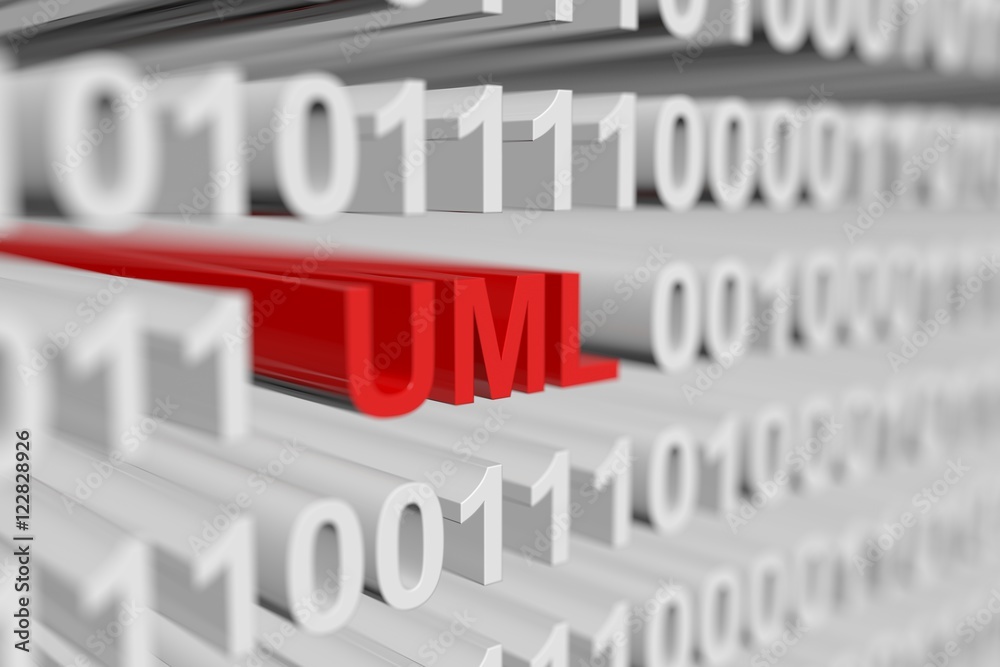 UML as a binary code with blurred background 3D illustration