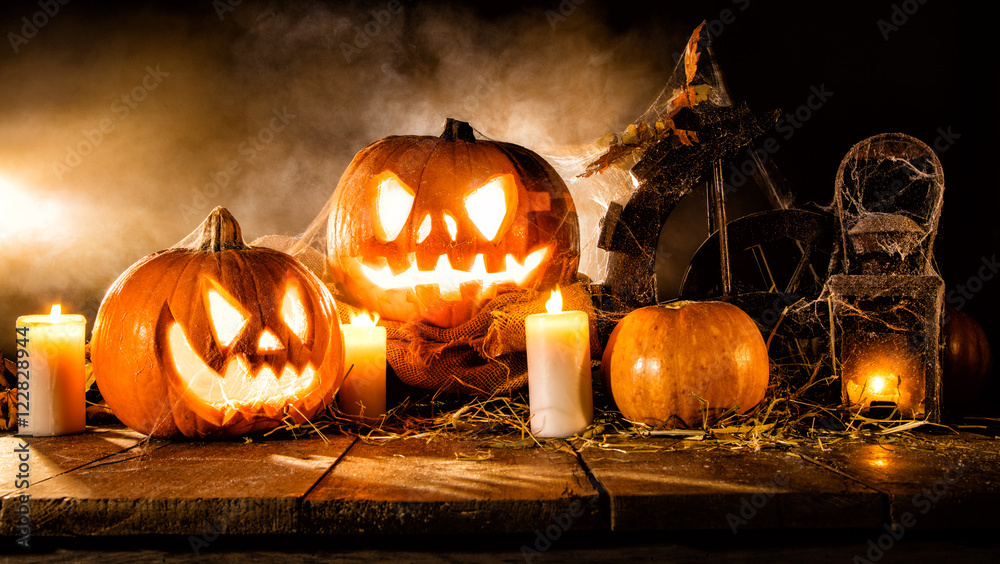 Naklejka premium Scary halloween pumpkins on wooden planks