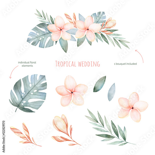 Tropical Wedding floral set.Beautiful soft floral collection with leaves and flowers(tropical leaves,plumeria).Watercolor individual elements+1 pastel colored bouquet.Perfect for wedding,invitations.