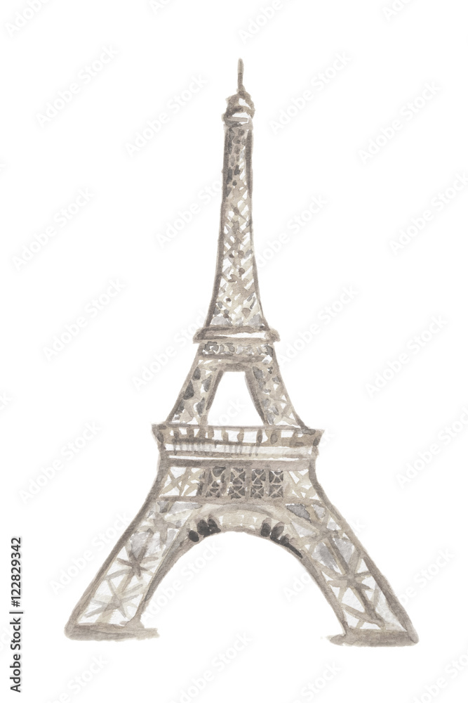 Isolated watercolor Eiffel tower on white background. Symbol of Paris. Famous historical building.