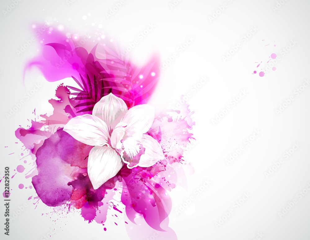 Fototapeta premium light blooming orchid and palm leaves on the pink abstract background