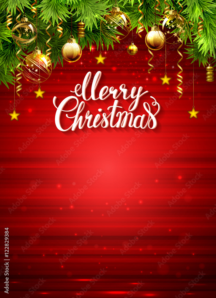 red glimmered Christmas background with evening baubles and green fir tree