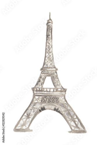 Isolated watercolor Eiffel tower on white background. Symbol of Paris. Famous historical building.