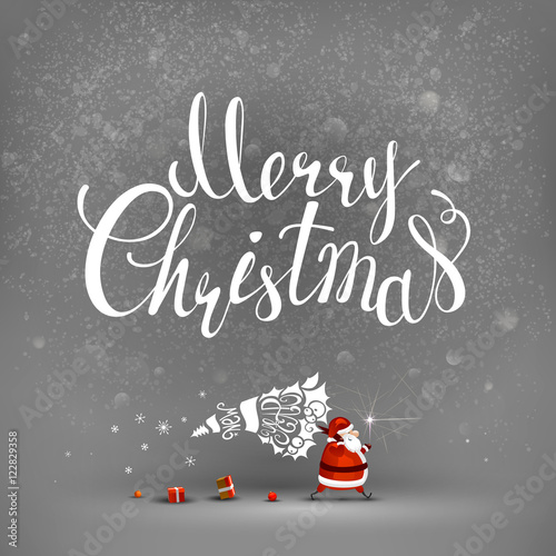 Merry Christmas hand drawn inscription and Santa Claus with stylized fir tree and gifts on the gray background.