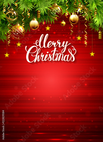 red glimmered Christmas background with evening baubles and green fir tree