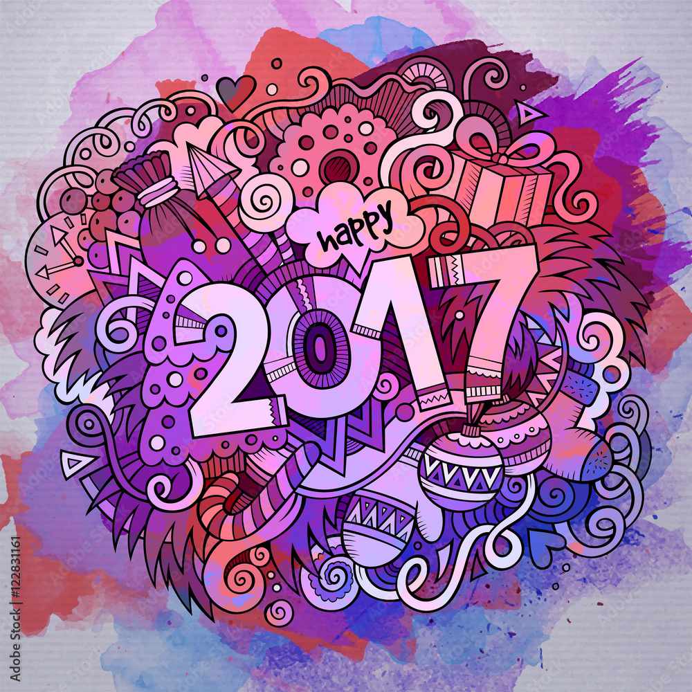 Cartoon cute doodles hand drawn New Year illustration