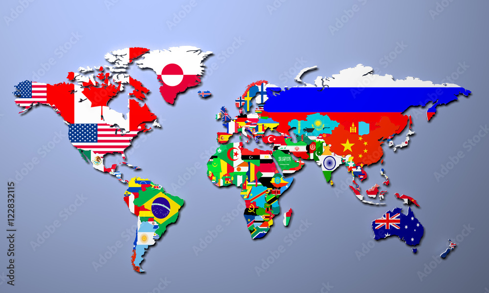 Fototapeta Światowa mapa z wszystkie państwami i ich flaga 3d ilustracją