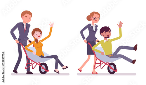 Set of business people pushing men in the wheelbarrow. Cartoon vector flat-style illustration