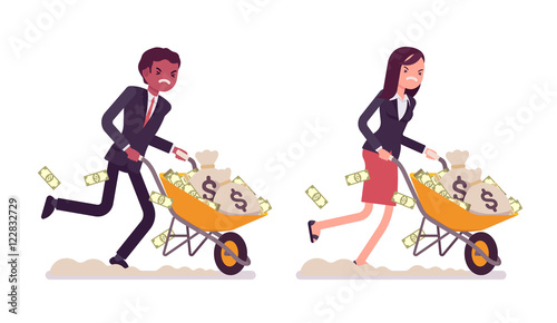 Set of business people pushing wheelbarrow full of money. Cartoon vector flat-style illustration