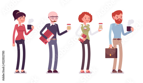 Set of people in a casual wear with coffee, folder, bag, mug. Cartoon vector flat-style illustration