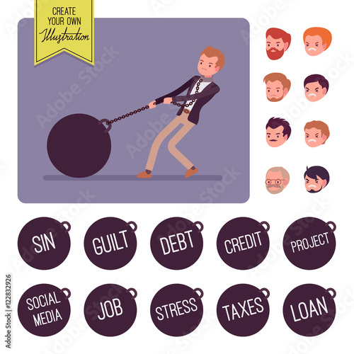 Businessman dragging a giant heavy weight on a chain. Build your own illustration. Cartoon vector flat-style infographic illustration