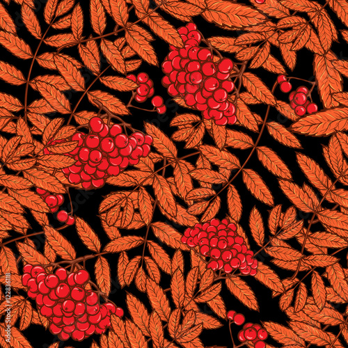 Autumn rowanberry leaves and seads seamless pattern