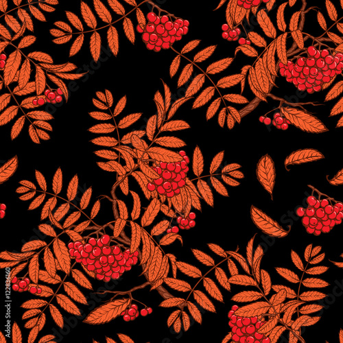 Autumn rowanberry leaves and seads seamless pattern