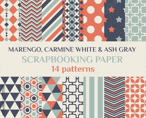 Set of 14 bright abstract patterns. Vector Collection of Bright and Colorful Backgrounds or Digital Papers.  Red, green, purple and yellow colors. Marengo, Carmine & Gray colors.