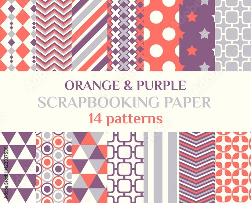 Set of 14 bright abstract patterns. Vector Collection of Bright and Colorful Backgrounds or Digital Papers.  Red, green, purple and yellow colors. Orange & Purple colors.