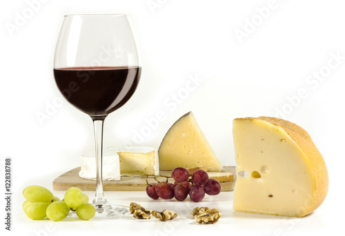 Red wine paired with cheese, on white background