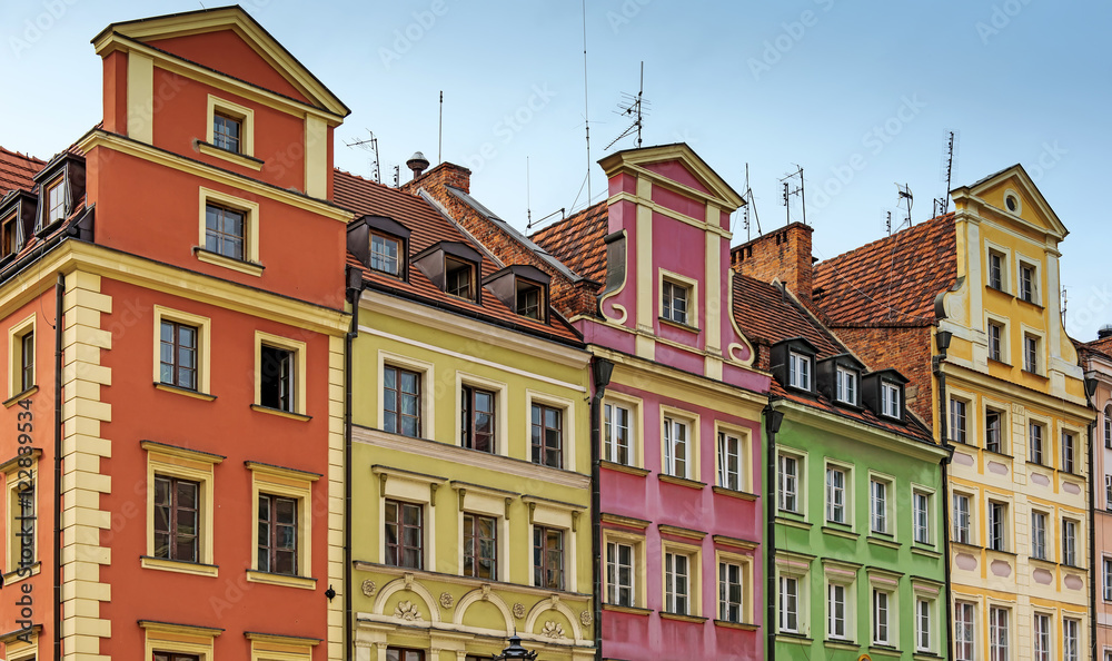 Wroclaw city center, row of colorful houses on market square. Poland