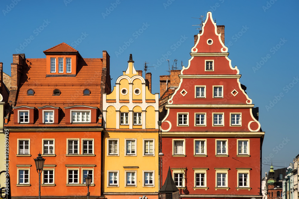 wroclaw market square tenements, colorful beautiful cozy houses, Wroclaw Poland	