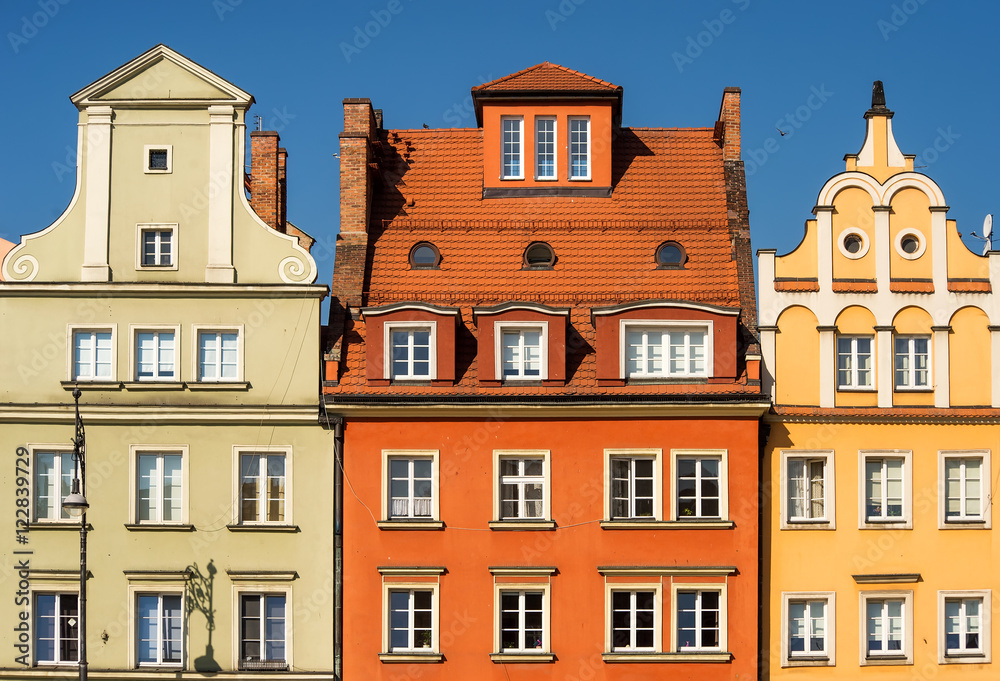 row of  colorful houses on Market square in Wroclaw, Poland. cozy old architecture
