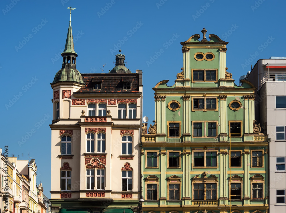 Wroclaw city center, row of colorful houses on Salt Market near Market square. Poland. House of Oppenheim