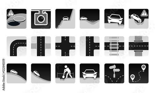 Vector set of road icon. Different dangers and troubles on the way and other road items: pit, bad asphalt, rut, stones, open hatch, construction, avalanche. And several types of crossroads.