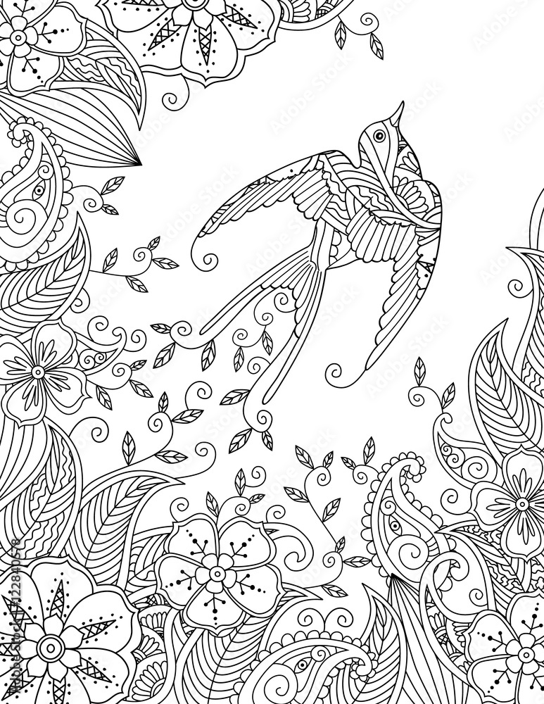 Coloring page with beautiful flying bird and floral background.