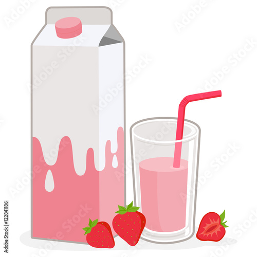 Carton and glass of strawberry milk and strawberries. Vector illustration