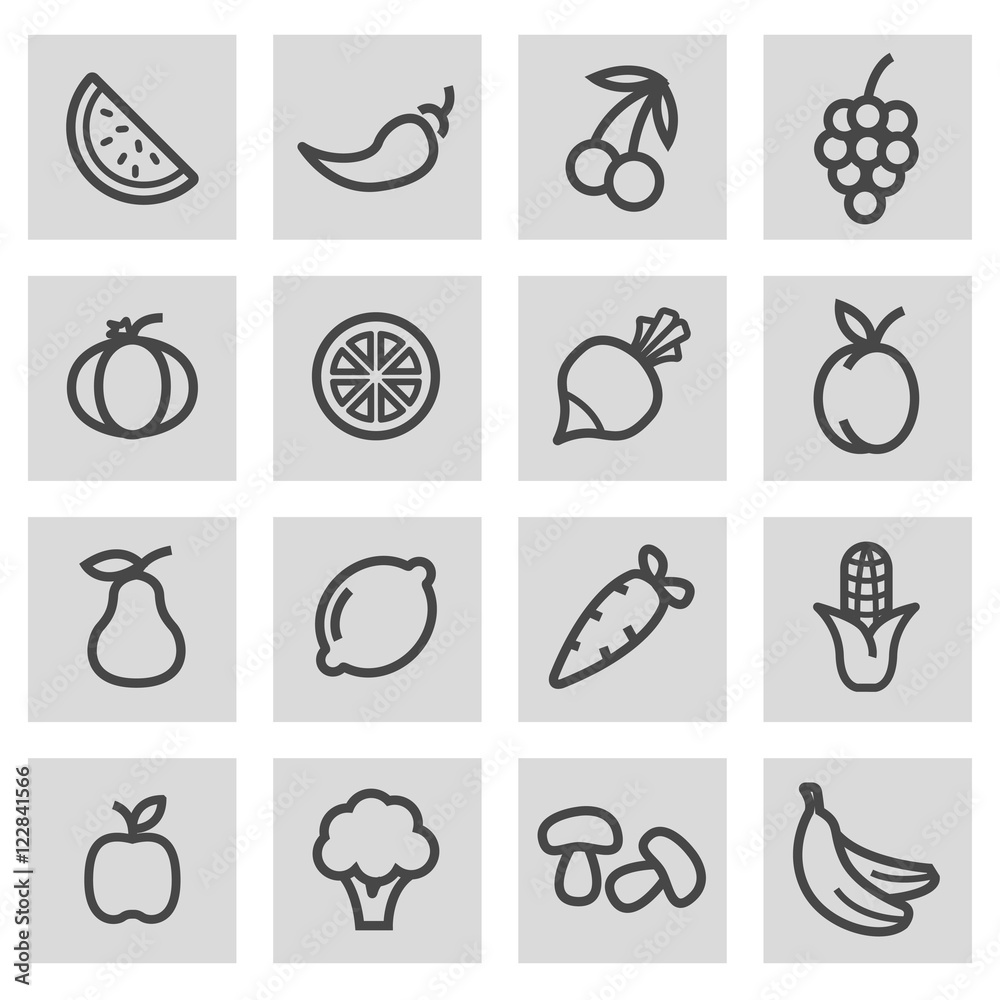 Vector black line fruit and vegetables icons set