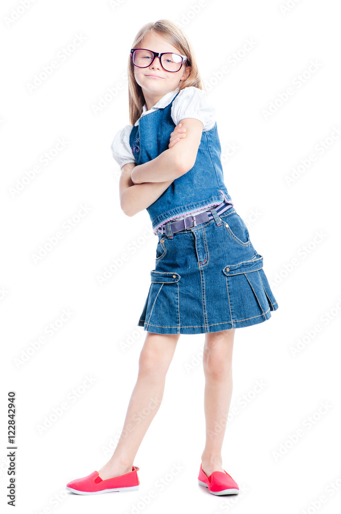 Little nerd. Full length of confident cute girl in glasses with crossed hands. Isolated on white. Little nerd. Full length of confident cute girl in glasses with crossed hands. Isolated on white.