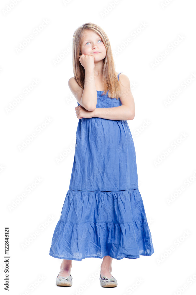 Little dreamer. Full length of thoughtful pretty little girl holding hand on chin. Isolated on white. Little dreamer. Full length of thoughtful pretty little girl holding hand on chin. Isolated on white.