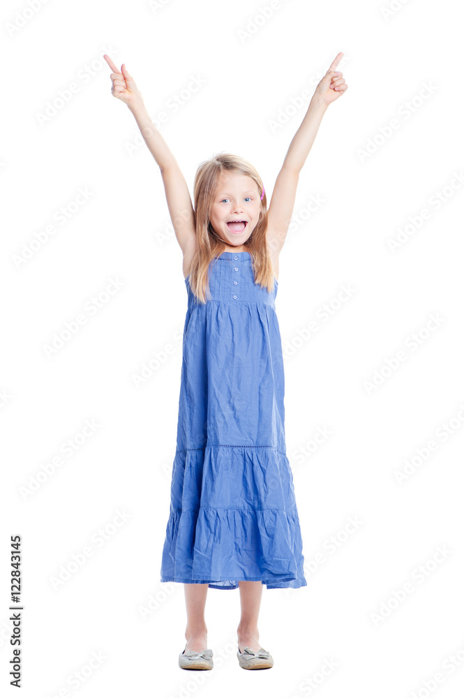 Your text here. Full length of pretty little girl pointing up copy space. Isolated on white. Your text here. Full length of pretty little girl pointing up copy space. Isolated on white.