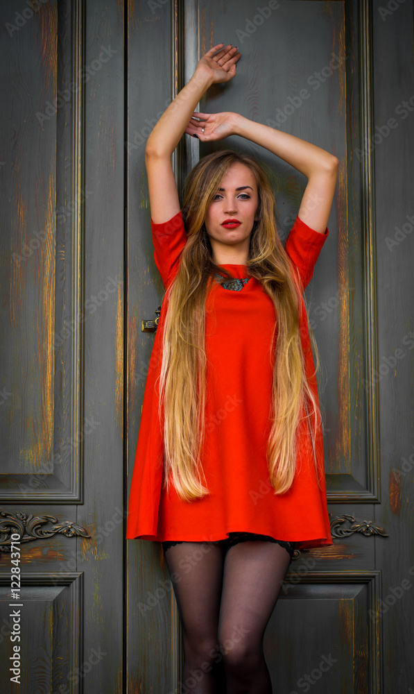 Fashionable young girl on a background of vintage door in  red dress with long hair