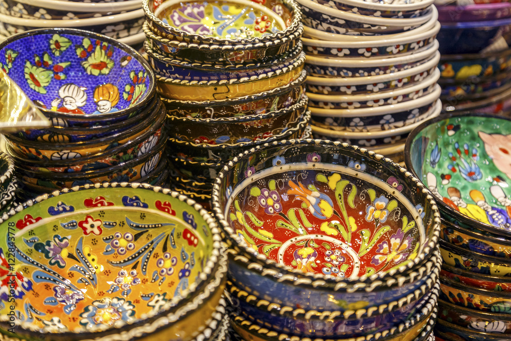 Colorful Turkish dishes in the Grand Bazaar of Istanbul, Turkey. Colorful Turkish dishes in the Grand Bazaar of Istanbul, Turkey.