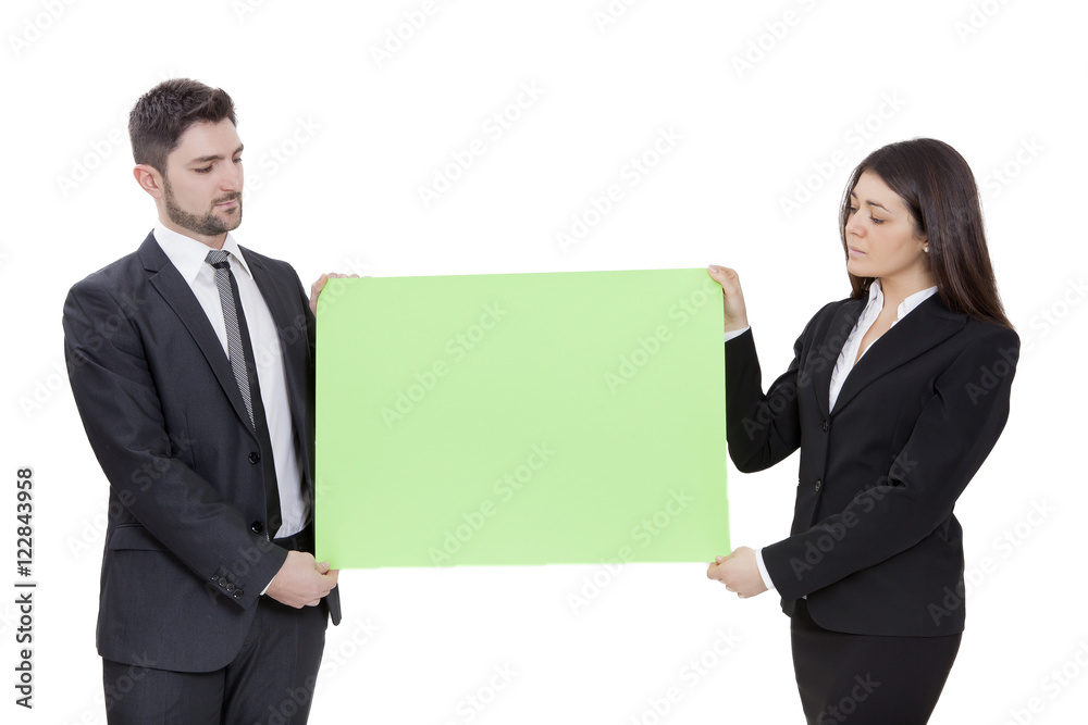 Businesswoman and businessman keeping signboard Businesswoman and businessman keeping signboard