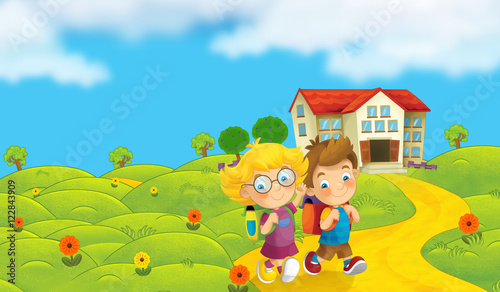 Cartoon nature scene with children on the trip to school - illustration for the children